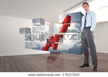Serious businessman standing with hands in pockets against digitally generated room with stairs