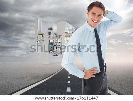 Thinking businessman scratching head against street under cloudy sky