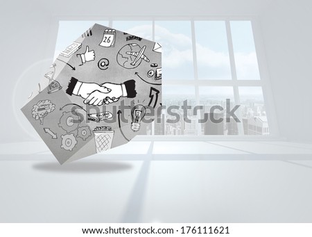 Handshake graphic on abstract screen against bright white room with windows