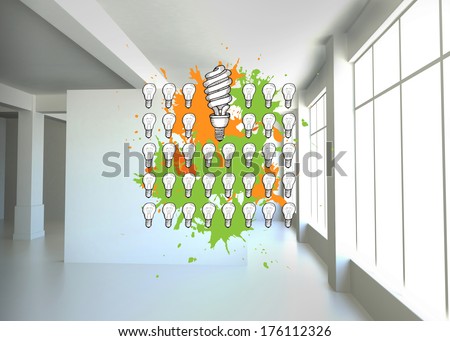Lgiht bulbs on paint splashes against white room with screen