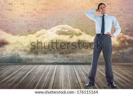 Thinking businessman with hand on head against clouds in a room