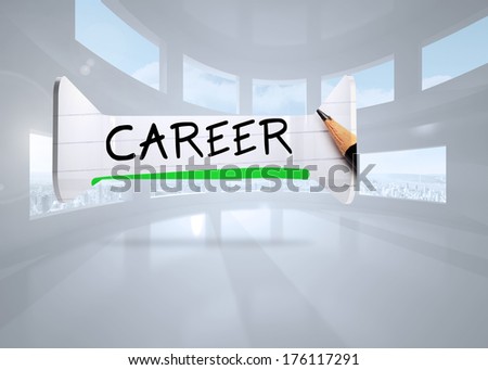 Career in handwriting on abstract screen against bright white room with windows