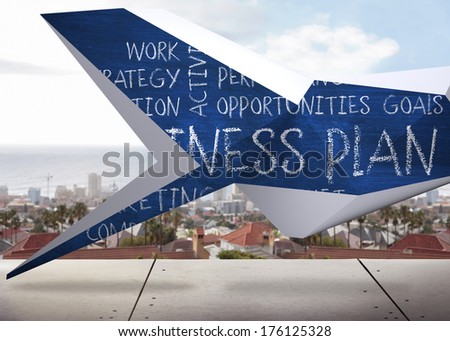 Business plan on abstract screen against view from balcony over city