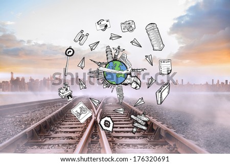 Landmarks of the world doodle against train tracks leading to misty city on the horizon