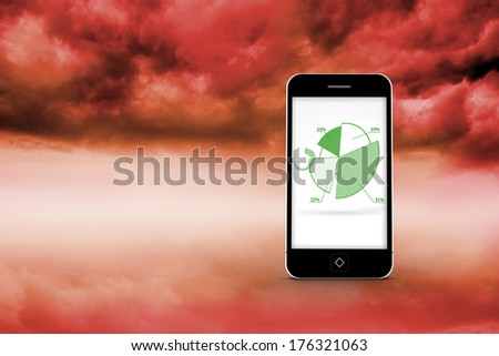 Pie chart on smartphone screen against red cloudy sky background