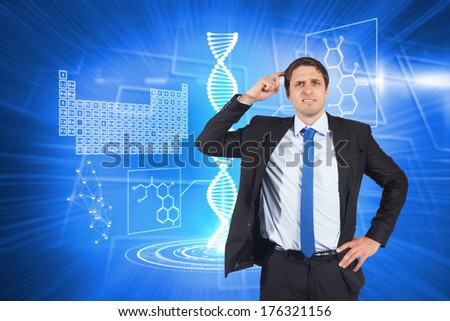 Thinking businessman scratching head against background with glowing squares