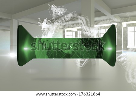 Green earth on abstract screen against abstract white design in room