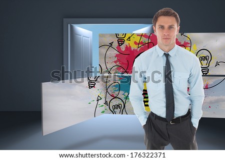 Serious businessman with hands in pockets against door opening in dark room to show sky