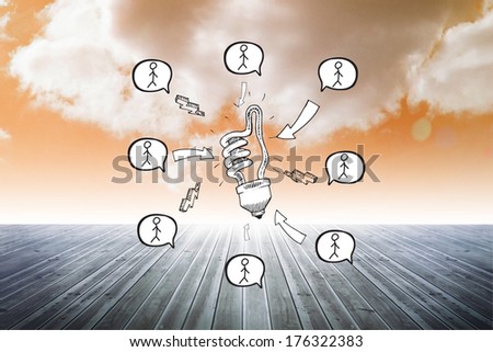 Light bulb doodle with stick figures against cloudy sky background