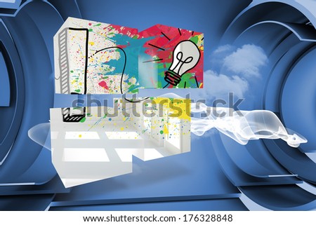 Exclamation mark and light bulb on abstract screen against white cloud design on a futuristic structure