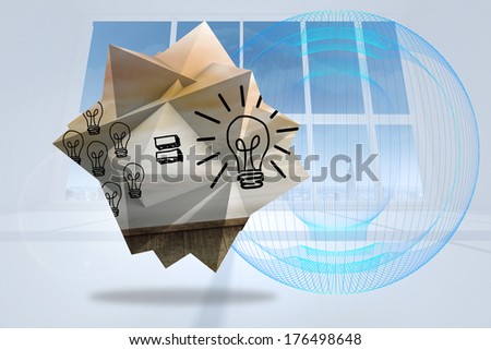 Light bulb equation on abstract screen against abstract blue design in white room