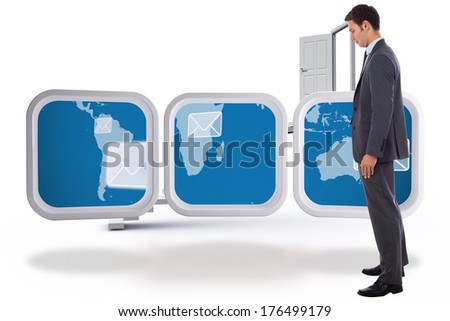 Serious businessman with hand in pocket against white steps leading to open door