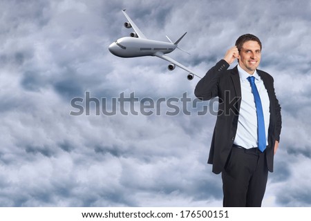 Thinking businessman scratching head against cloudy sky