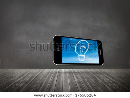 Composite image of cloud light bulb on smartphone screen against grey room