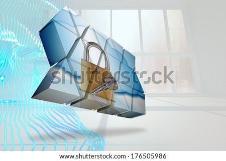 Lock and key on abstract screen against abstract blue design in white room