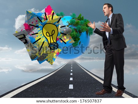 Stressed businessman gesturing against digitally generated earth floating over street