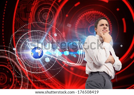 Thoughtful businessman with hand on chin against shiny red circles on black background, elements of this image furnished by NASA