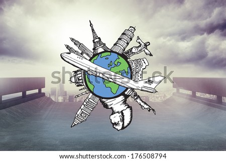 Landmarks of the world with airplane doodle against cityscape on the horizon