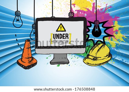 Construction doodles with computer screen against colourful light bulb graphic on futuristic blue background