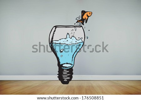 Goldfish jumping from light bulb bowl against room with wooden floor