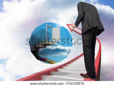 Stressed businessman gesturing against red staircase arrow pointing up against sky