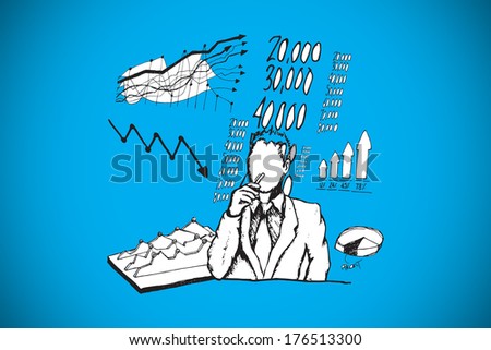 Businessman thinking of data doodle against blue background with vignette