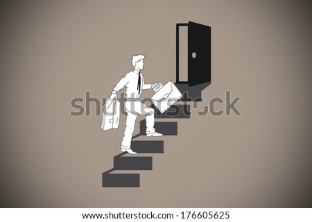 Businessman climbing the stairs to door against grey background with vignette