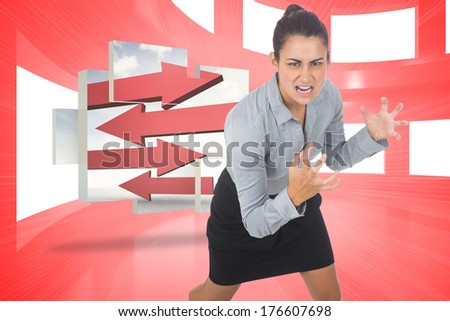 Furious businesswoman gesturing against bright red room with windows