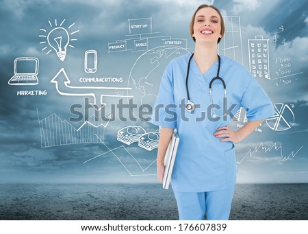 Young female doctor holding a notebook and laughing into the camera against brainstorm on desert landscape