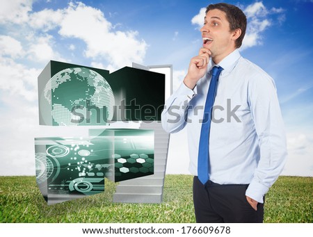 Thinking businessman touching his chin against open door at top of stairs in a field