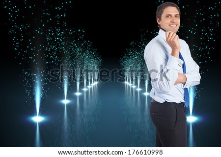 Thinking businessman holding pen against cool nightlife lights