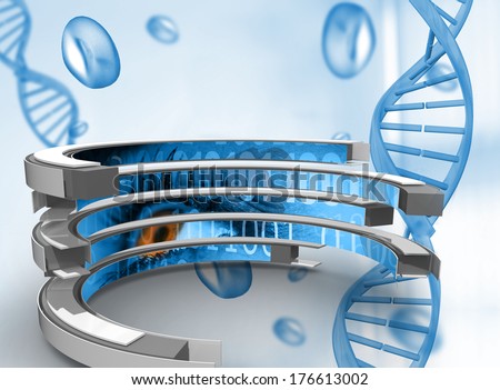 Binary code on abstract screen against blue chromosomes on blue background