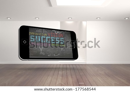 Success plan on smartphone screen against digitally generated room with stairs