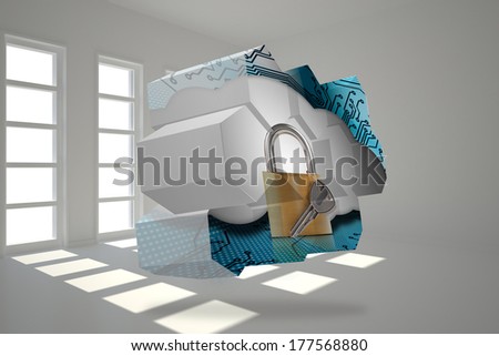 Lock and key on abstract screen against dark white room