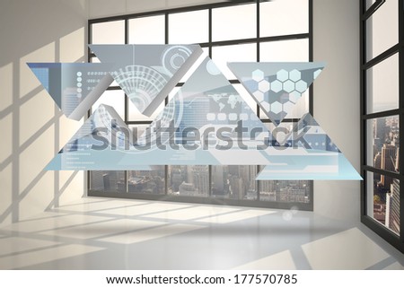 Interface on abstract screen against room with large window showing city