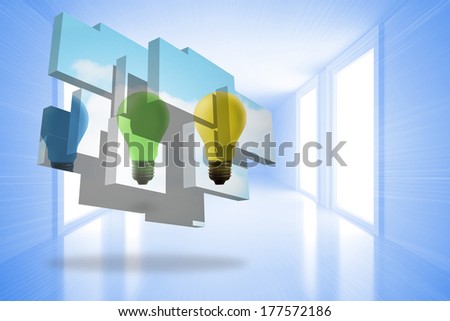 Light bulbs on abstract screen against bright blue hall with windows