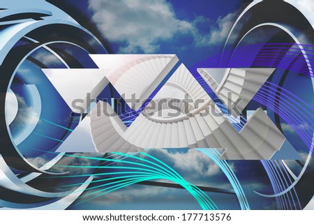 Winding staircase on abstract screen against abstract blue and purple line design