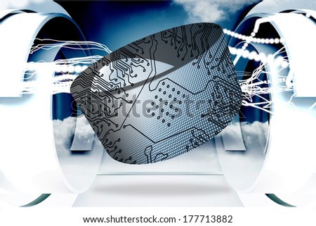 Circuit board on abstract screen against white lines with cloud design on a futuristic structure