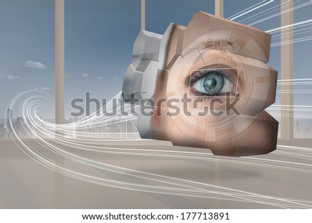 Eye interface on abstract screen against abstract white line design in room