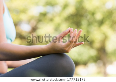 Close-up mid section of a sporty young woman in lotus pose at the park