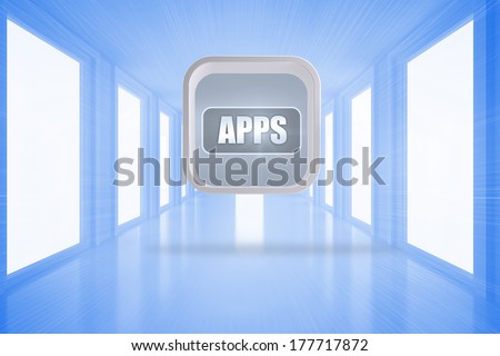 Apps banner on abstract screen against bright blue hall with windows