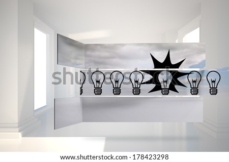Light bulbs on abstract screen against digitally generated room
