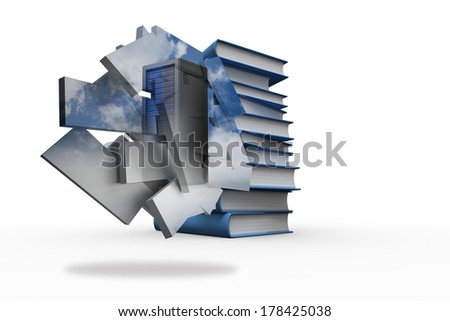 Server tower on abstract screen against stack of books
