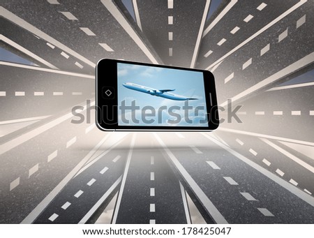 Airplane on smartphone screen against gathering of roads crossing each other