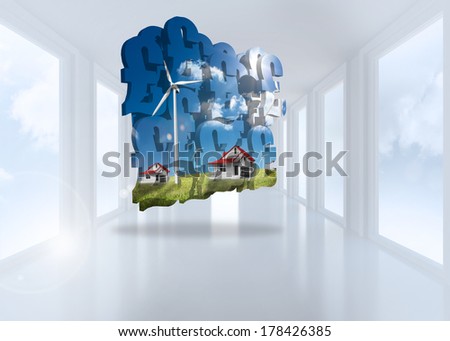 Houses with wind turbines on abstract screen against bright white hall with windows