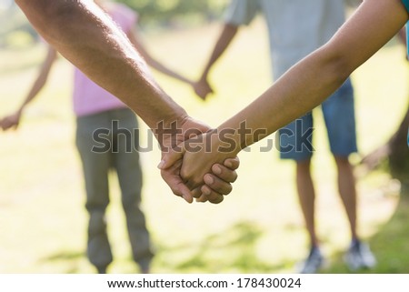 Close-up mid section of group of friends holding hands in the park