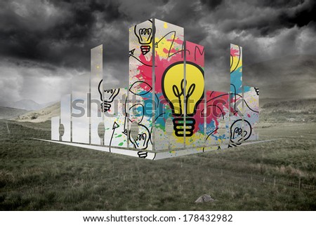 Light bulb on abstract screen against stormy countryside background