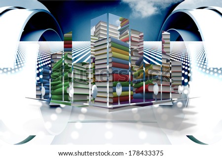 Piles of books on abstract screen against abstract design in blue and white