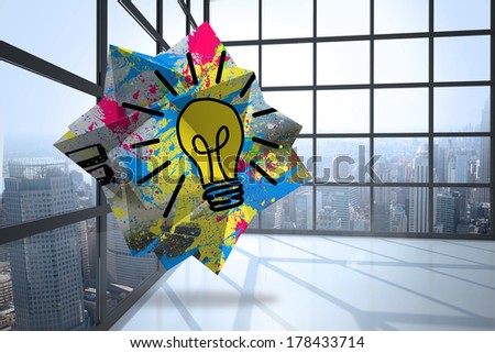 Light bulb on abstract screen against room with large window showing city