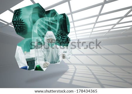 Scientists on abstract screen against white room with windows at ceiling